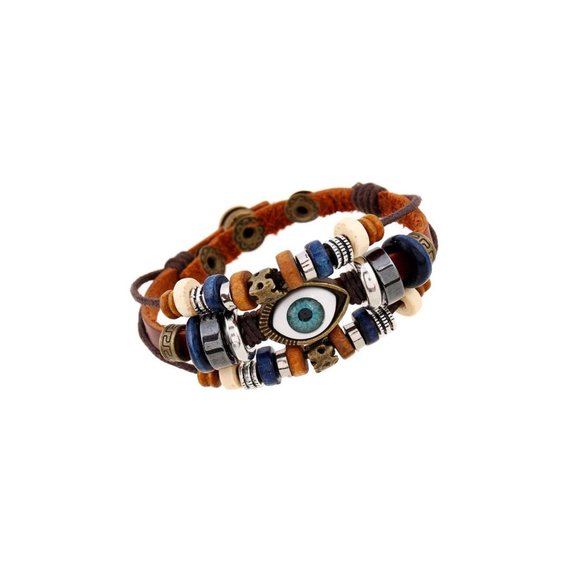 UNISEX DEVIL EYE LEATHER LAYERED 3PCS COUPLES LEATHER BEADED BRACELET - Picture 13 of 14